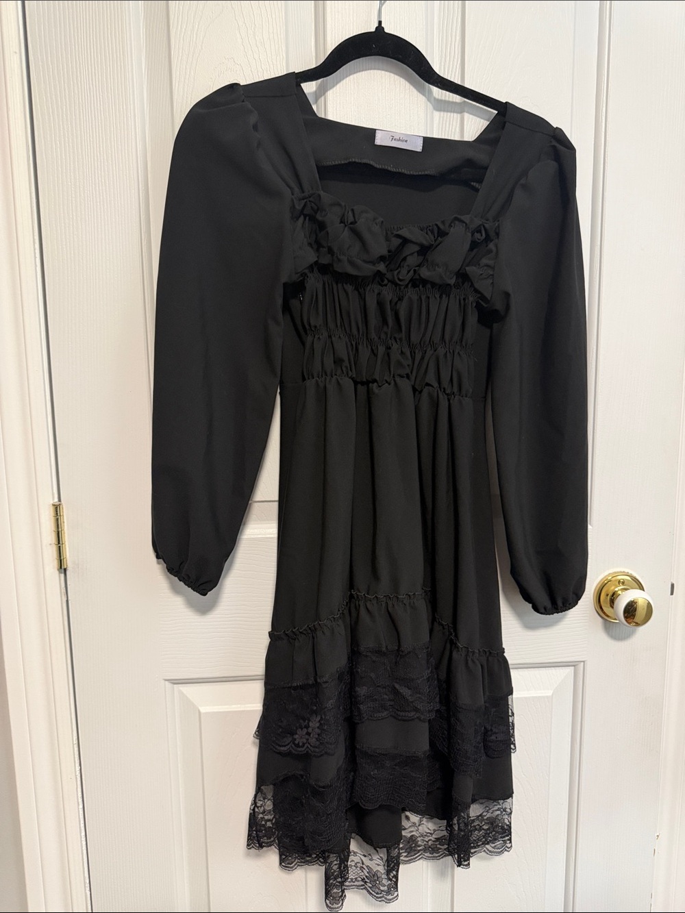 Girls' Black Smocked Bodice Lace-Hem Formal Dress